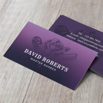 barber razor & rose logo barbershop purple hair business card