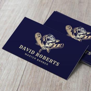 barber razor & rose logo navy & gold barbershop business card