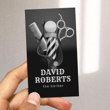 Small Barber Shop Hair Stylist Modern Black Metal Business Card Front View