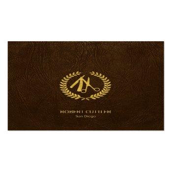 Small Barber Stylist Luxury Gold Dark Brown Leather Look Square Business Card Front View
