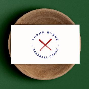 Small Baseball Coach Crossed Bats Blue Red Business Card Front View