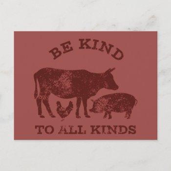 be kind to all kinds maroon vegetarian message postcard