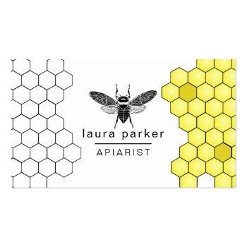 Small Bee Honey Seller Apiarist Black Yellow Hexagon Business Card Front View