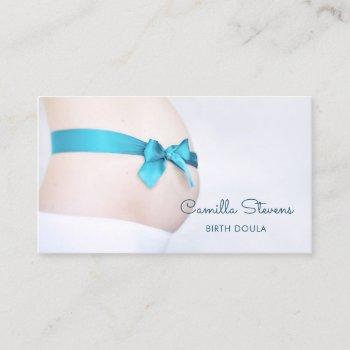 birthing doula pregnant baby bump with blue ribbon business card