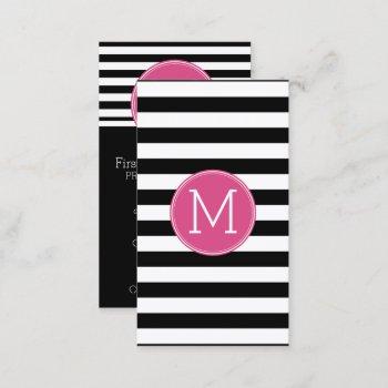 black and white striped pattern hot pink monogram business card