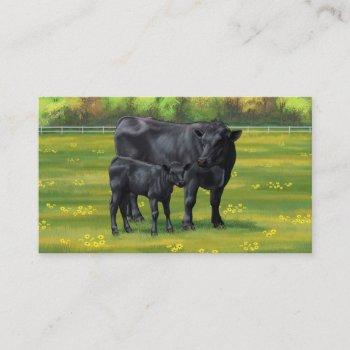 black angus cow & cute calf in summer pasture business card