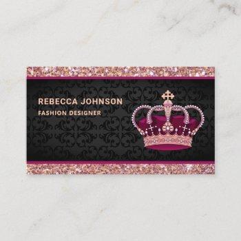 black damask faux rose gold glitter pink crown business card