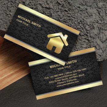 black damask gold foil home logo real estate agent business card