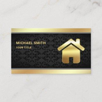 black damask gold foil home logo real estate agent business card