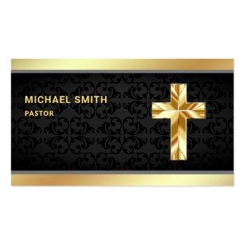 Small Black Damask Gold Foil Jesus Christ Cross Pastor Business Card Front View