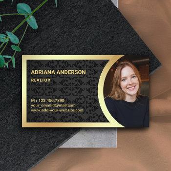 black damask gold foil real estate photo realtor business card