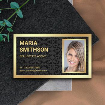 black damask gold foil real estate realtor photo business card