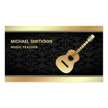Small Black Damask Gold Guitar Music Teacher Guitarist Business Card Front View