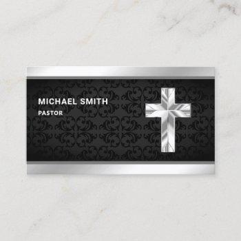black damask silver foil jesus christ cross pastor business card