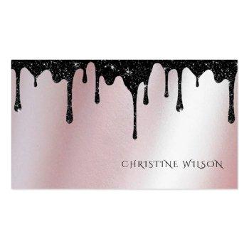 Small Black Dripping Glitter On Rose Gold Faux Foil Business Card Front View