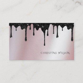 black dripping glitter on rose gold faux foil business card