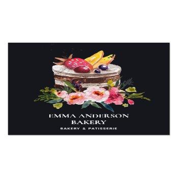 Small Black Fruit Floral Cake Patisserie Cupcake Bakery Square Business Card Front View