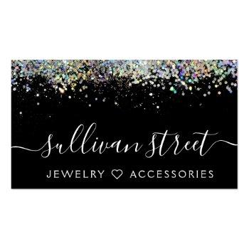 Small Black Holographic Glitter Jewelry Boutique Business Card Front View