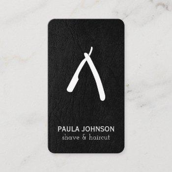 black leather mustache and barber blade business card