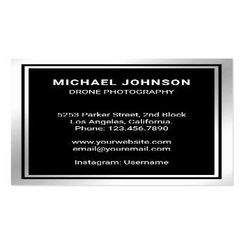Small Black Metallic Steel Modern Drone Photography Square Business Card Back View