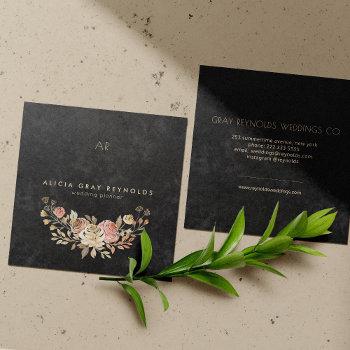 black monogram watercolor floral wedding planner square business card