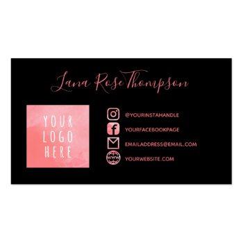 Small Black Pink Watercolor Social Media Photo & Logo Business Card Front View