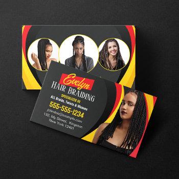 black, red and yellow hair braiding photo salon business card