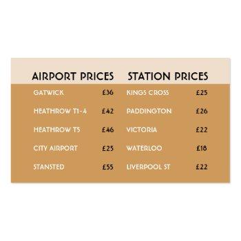 Small Black Taxi Cab Airport And Station Price Lists Business Card Back View