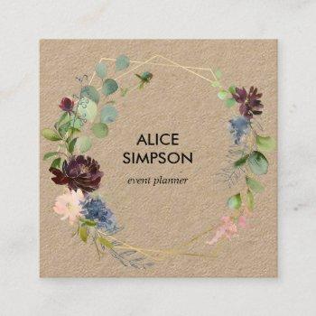 blue and burgundy floral geometric kraft square business card