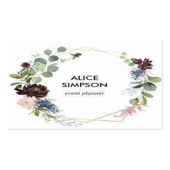 Small Blue And Burgundy Floral Geometric Kraft Square Business Card Front View