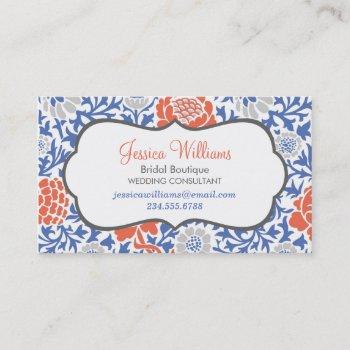 blue and coral retro floral damask business card