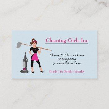 blue cartoon girl with mop house cleaning service  business card
