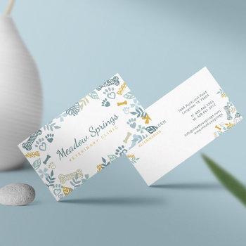 blue floral & foliage pet paw print pattern business card