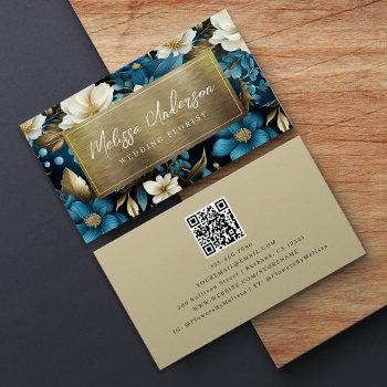 Small Blue Gold Floral Foil Qr Code Luxe Business Card Front View
