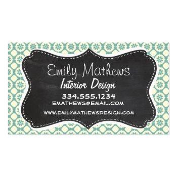 Small Blue-green & Cream Floral; Vintage Chalkboard Business Card Front View