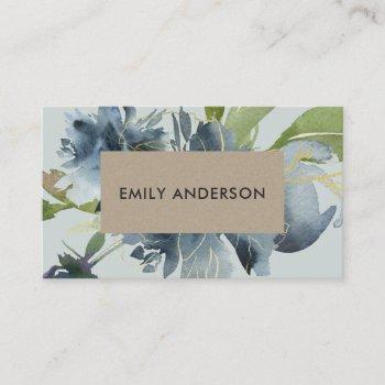 blue grey kraft green gold floral watercolor business card