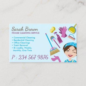 blue house cleaning janitorial gloved apron maid business card