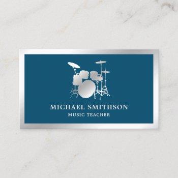 blue music teacher silver foil drum kit drummer business card