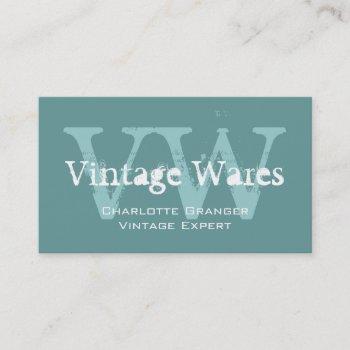 blue white vintage shop business card monograms