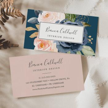 blush and navy flowers | blue business card