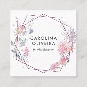 Small Blush Pink Flowers Geometric Square Business Card Front View