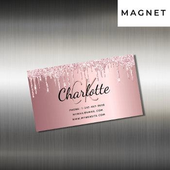 blush pink glitter metallic elegant monogram business card magnet