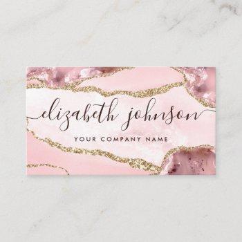 blush pink gold glitter agate marble girly script business card