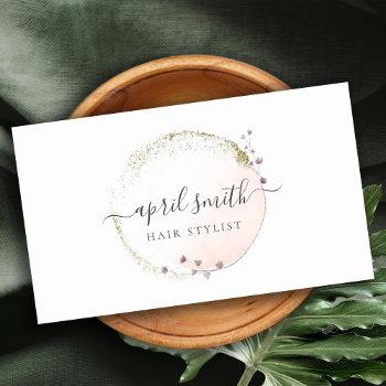 blush pink watercolor gold circle floral wreath business card