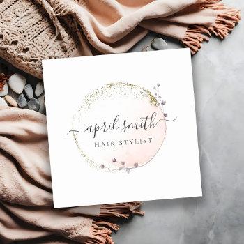 blush pink watercolor gold circle floral wreath square business card