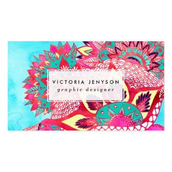 Small Bohemian Boho Red Blue Floral Paisley Pattern Business Card Front View