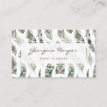 boho blue watercolor tribal feathers pattern business card