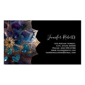 Small Boho Floral Blue Gold Mandala Chic Black Business Card Back View