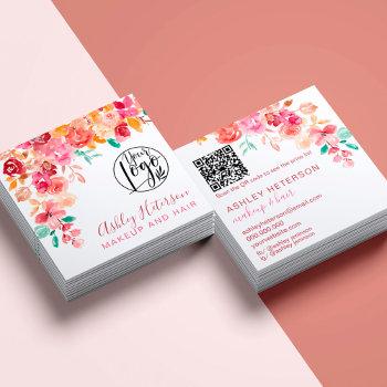 boho floral terracotta qr code logo hair makeup square business card
