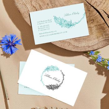 boho teal watercolor floral feather crest wreath business card